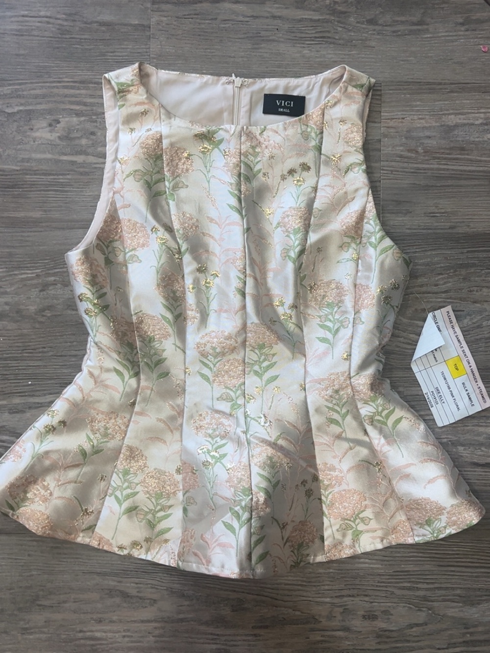 VICI Cream Floral Jacquard Peplum Top with Pale Pink and Soft Green Accents